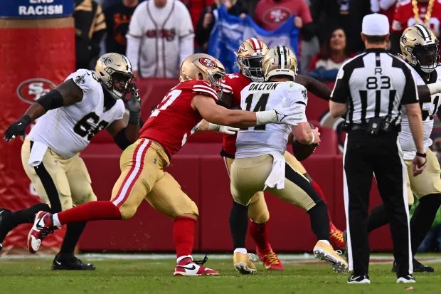 The last time the #49ers faced the Saints (Week 12, 2022)

49ers won 13-0

— Jimmy Garoppolo: 26/37 for 222 yards and 1 TD
— Brandon Aiyuk: 5 catches for 65 yards
— Jauan Jennings: 6 catches for 49 yards and 1 TD
— Nick Bosa: 1 sack, 1 TFL, 2 QB hits

Lets make it two in a row 🤞