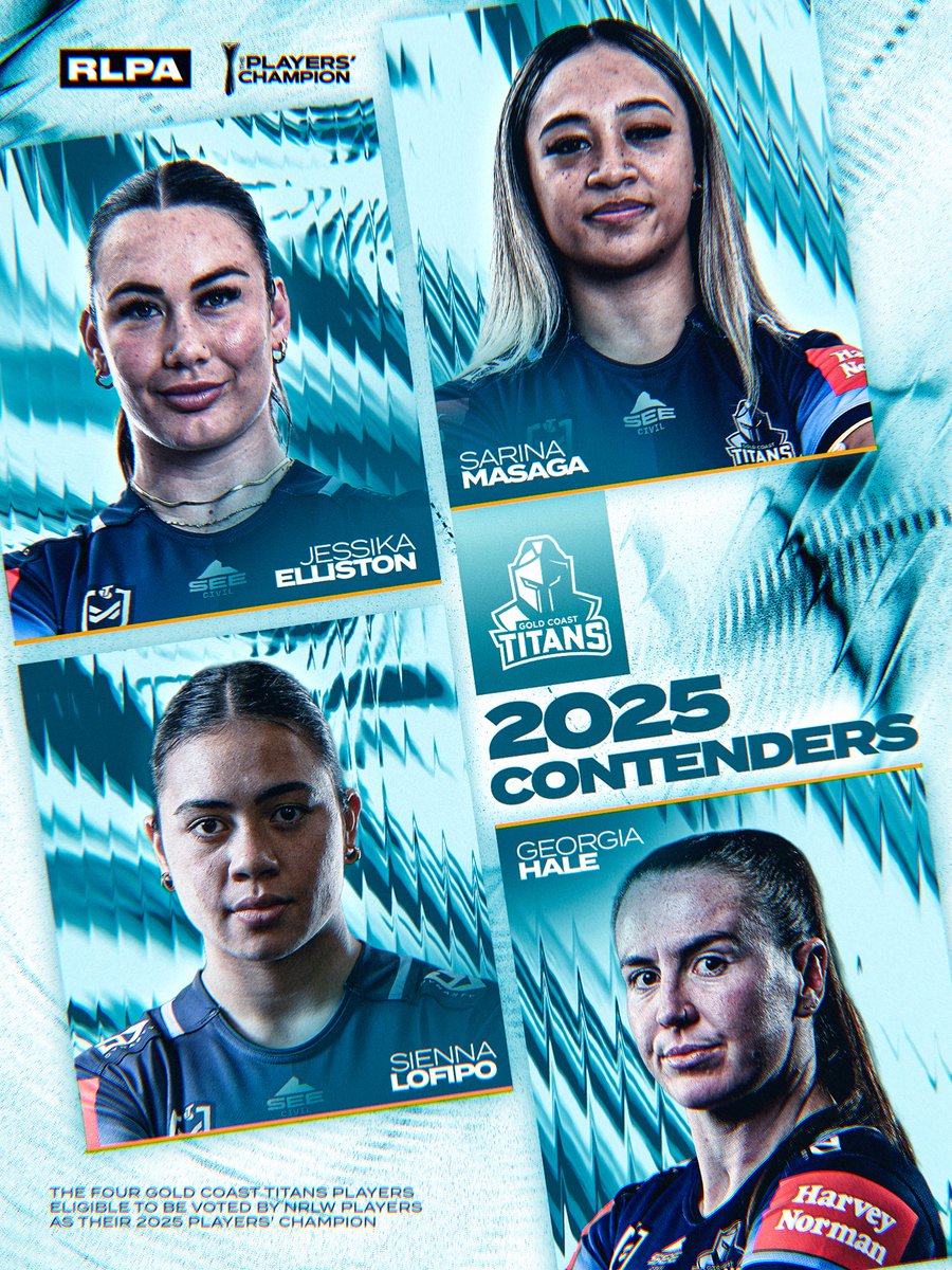 These four were key to the Titans’ rise this year. 💛💙

Here are the four Titans Contenders nominated by their player leaders for the RLPA Players’ Champion 🏆

Winner announced Oct 2 on <a href="/NRLonNine/">NRL on Nine</a> 🗳️

Read the full list here: rlpa.com.au/news/contenders