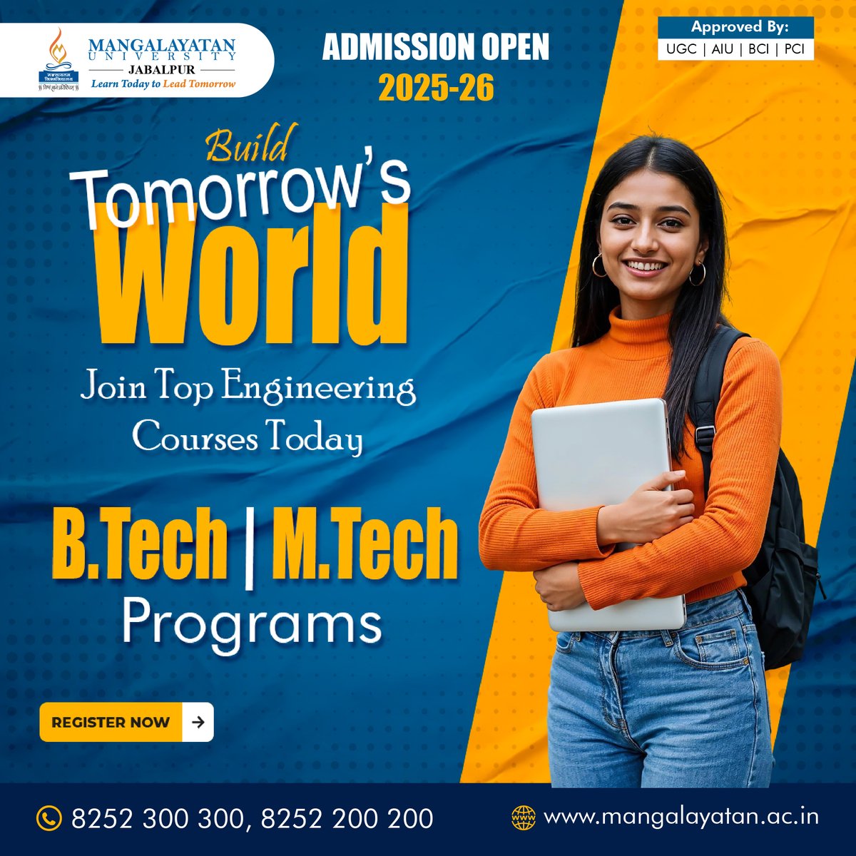 MangalayatanJbp's tweet image. Build tomorrow’s world with top BTech and MTech programs. Admission open 2025—gain knowledge, hands-on training, and industry-ready skills to excel in engineering, innovation, and technology. Apply now to shape your future.
#mujabalpur #mtechprograms #btechadmission #applynow