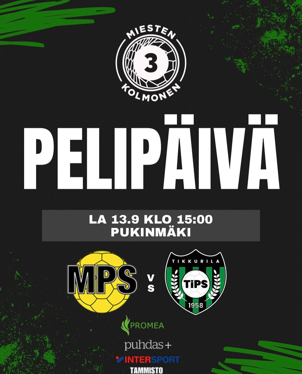 TiPSEdustus's tweet photo. MATSIPÄIVÄ!

🏆 Miesten Kolmonen
⚽ @AtleticoMalmi – TiPS
📍 Pukinmäki N
🕒 15.00

Lauantaipäivää viettämään Puksuun ja kannustamaan TiPS voittoon!

#tips #kolmonen #tikkurila #tikkurilanpalloseura #suomifutis https://t.co/0ODlGqyqHJ