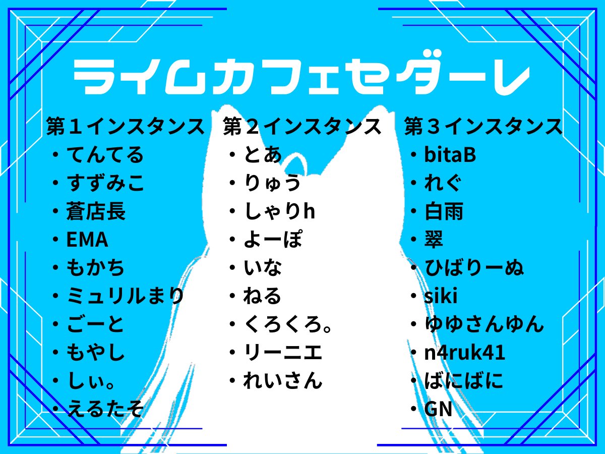 本日22:30-23:30は #ライムカフェセダーレ の開催日です！       

かわいいライムちゃんがたくさんのライムカフェ！ 
今回からインスタンスの見分けがつきやすくなったらしいですよ！

インスタンス分けは写真を参照してください！！

＃VRChatイベント