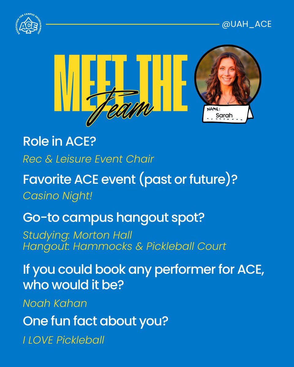 Meet Sarah, our Rec &amp; Leisure Event Chair!

Fave event: Casino Night
Study spot: Morton Hall
Hangout: Hammocks &amp; Pickleball Court
Fun fact: She LOVES Pickleball
Dream performer: Noah Kahan
 
#ACEatUAH #MeetTheTeam #GoChargers
