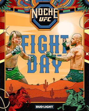Two fighters in UFC gloves and shorts, one wearing green with long hair and the other in blue with tattoos, facing each other in a desert landscape with cacti. Horses and ropes are visible in the background. Text reads "Noche UFC Fight Day" and "Bud Light." Canelo Alvarez and Terence Crawford in boxing gloves and shorts, one in blue and the other in red, facing each other in a ring at Allegiant Stadium. Text reads "Canelo vs Crawford Fight Day" and "Live on Netflix 9 PM ET / 6 PM PT."