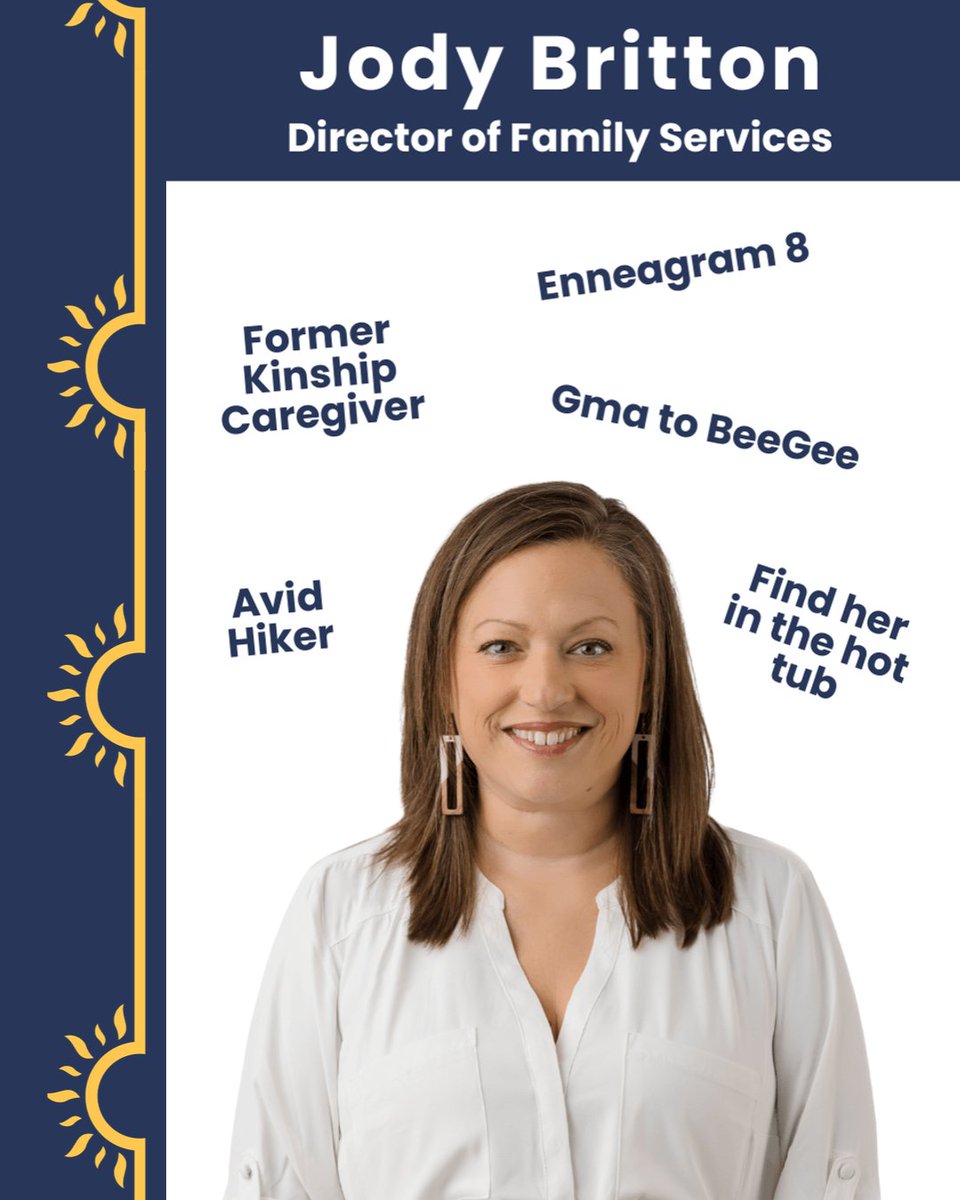 BetheSourceCO's tweet photo. Meet the Team!

Jody Britton
Director of Family Services
Lived Experience: Former Kinship Caregiver, Adoptive Parent
Hobbies:​ Relaxing in her hot tub, playing games, and playing with her dogs

#bethesourceco#thisisfostercare  #kinshipcare #nonprofit #colorado https://t.co/sEr5npQbAb