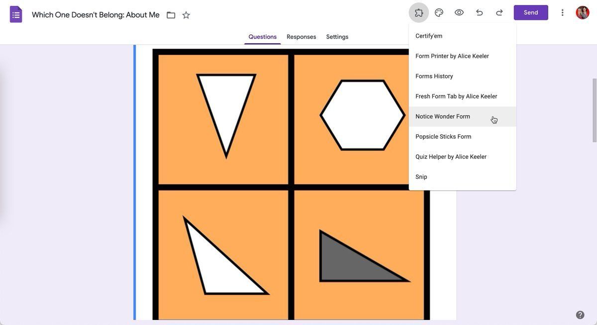 alicekeeler's tweet image. Which One Doesn't Belong?
📸 Add image to a Google Form
docs.google.com/forms/d/1GPton…
Use Notice Wonder Form Add-on to push student ponderings to Google Slides.
workspace.google.com/marketplace/ap…
#GoogleEDU #GoogleForms #GoogleSlides