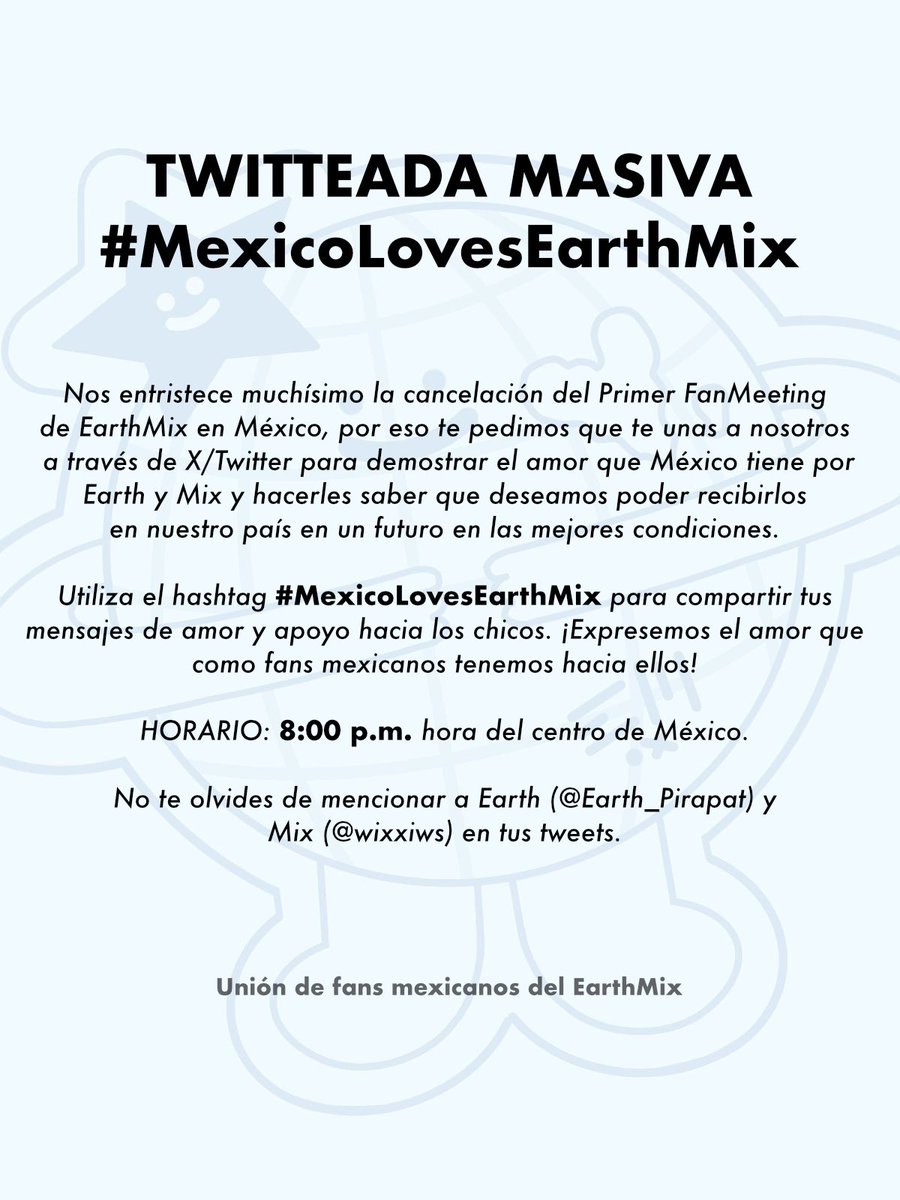 MxEarthmix266's tweet photo. ATENTOS TENDENCIA MASIVA 🌍🪐 

Únete con nosotros a partir de la hora indicada para demostrarle a EarthMix cuánto los amamos 🥹😍

Hora:
⏰8:00pm hora centro 🇲🇽

Hashtag:
#.MexicoLovesEarthMix
 
@Earth_Pirapat @wixxiws #EarthMix 
#เอิร์ทมิกซ์ #EarthPirapat #mixxiw https://t.co/PisCsgMhfm