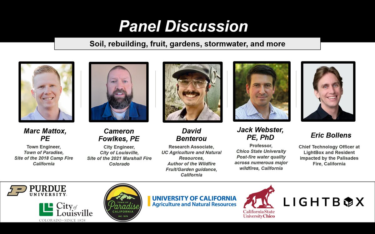 ‼️‼️‼️Cannot wait for tomorrow's panel discussion about #wildfire recovery and rebuilding.

An amazing slate of experts from a variety of areas.

Sharing perspectives, experience, and resources for impacted households and businesses.

engineering.purdue.edu/PlumbingSafety…