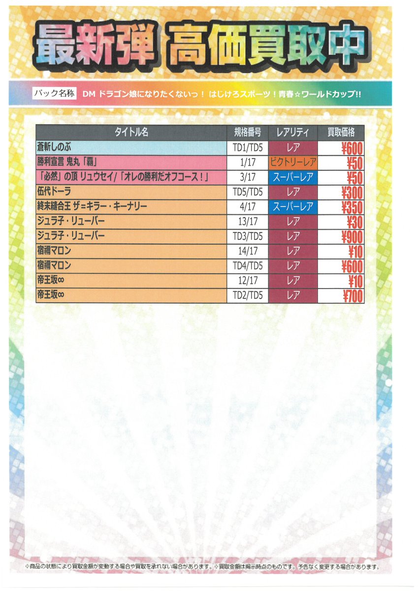 【買取情報】

・ドラゴンボールFW　神龍への願い
・デュエマ　ドラゴン娘になりたくない！はじけろスポーツ！青春☆ワールドカップ!!

現在の買取価格になります。  商品状態や在庫状況によって価格が変動する場合がございます。 お持ち込みお待ちしております。