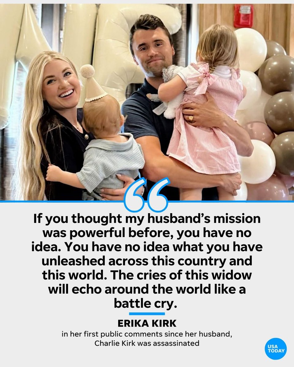 In her first public comments since her husband was gunned down, a tearful Erika Kirk vowed to continue her husband’s movement and said that “the cries of this widow will echo around the world like a battle cry.” Read: bit.ly/3KkSM9x