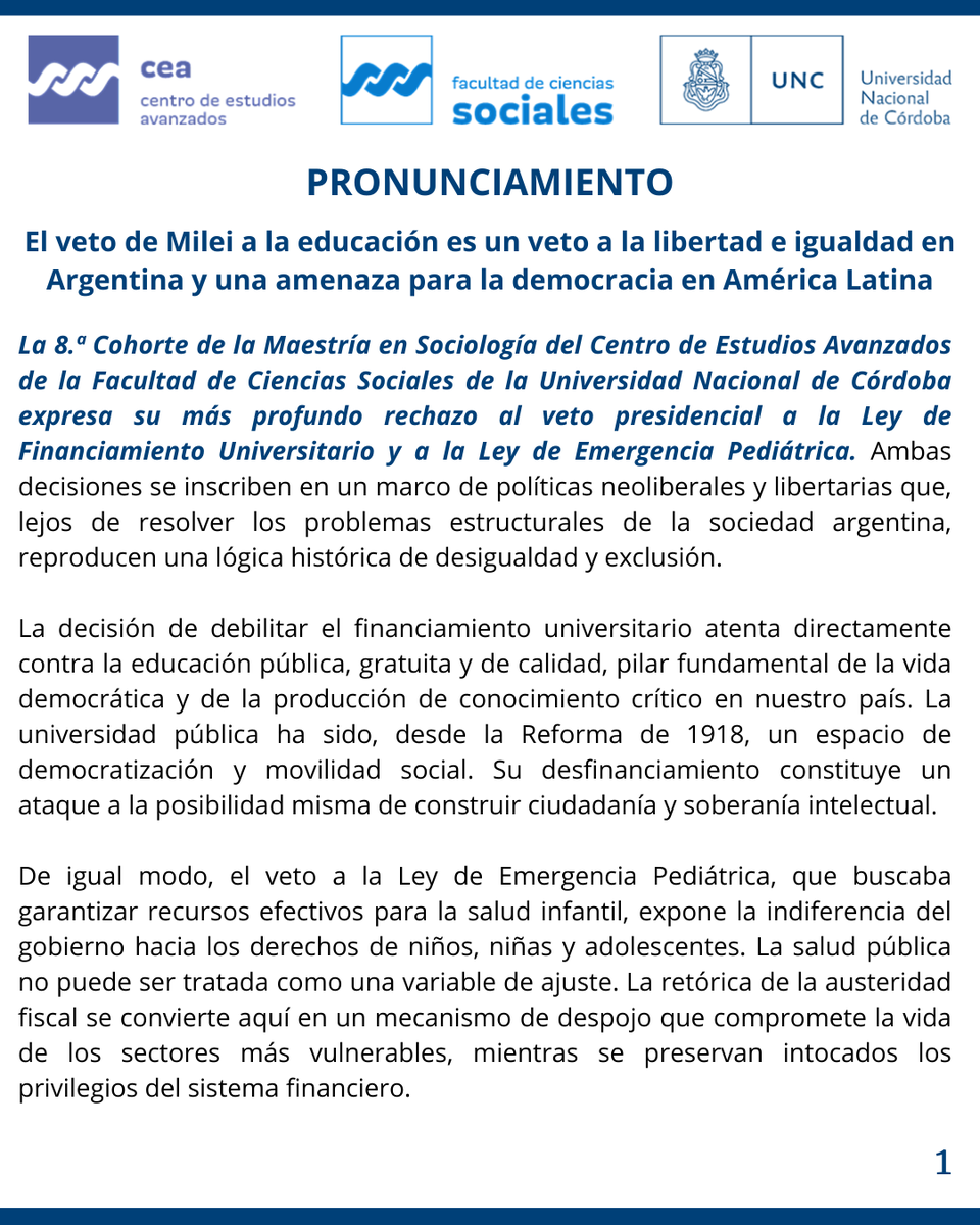 rubencaceres_py's tweet image. Milei estará el martes en Paraguay hablando a jóvenes en #FEIP2025 @uipjoven @SNJPy mientras en 🇦🇷 veta leyes que quitan esperanza y justicia. Compartimos nuestro pronunciamiento como estudiantes de la Maestría en Sociología @Sociales_UNC en defensa de la #UniversidadPública 📚
