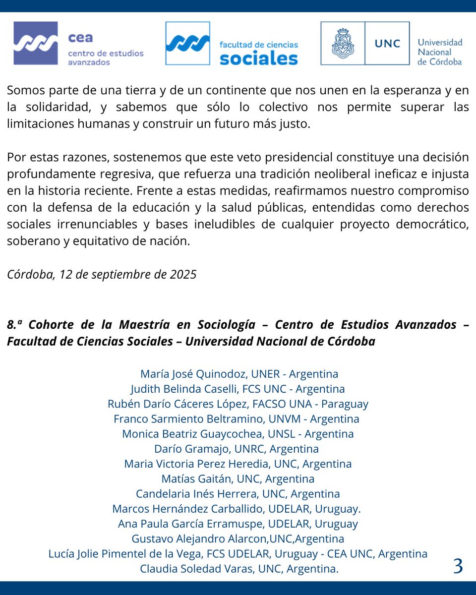rubencaceres_py's tweet image. Milei estará el martes en Paraguay hablando a jóvenes en #FEIP2025 @uipjoven @SNJPy mientras en 🇦🇷 veta leyes que quitan esperanza y justicia. Compartimos nuestro pronunciamiento como estudiantes de la Maestría en Sociología @Sociales_UNC en defensa de la #UniversidadPública 📚