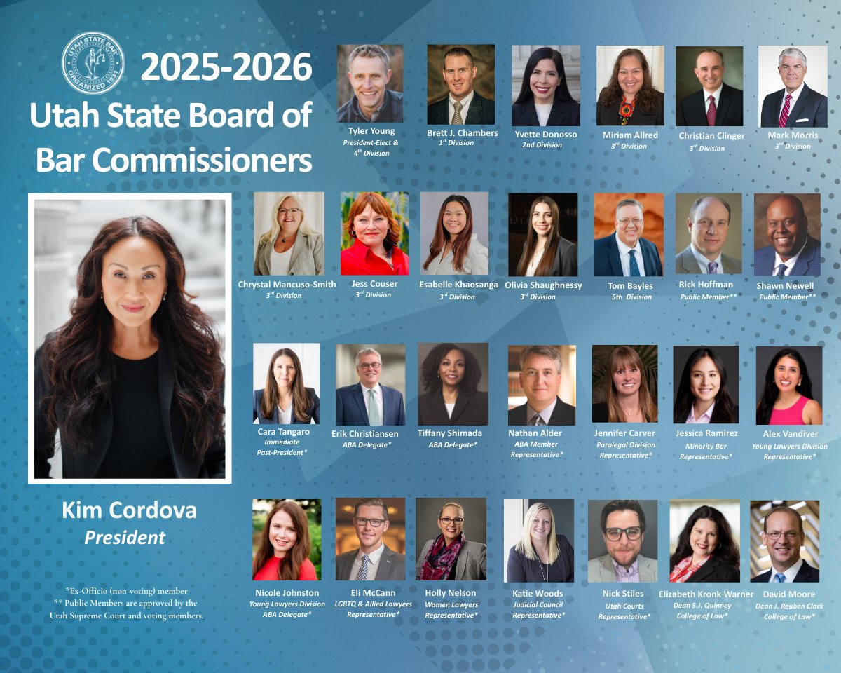 🌟 Meet the 2025–2026 Utah State Board of Bar Commissioners! 🌟 We’re proud to introduce this year’s Commissioners, led by President Kim Cordova.  👏 Please join us in welcoming and congratulating the Commissioners for their service and commitment!
utahbar.org/about/meet-bar…
