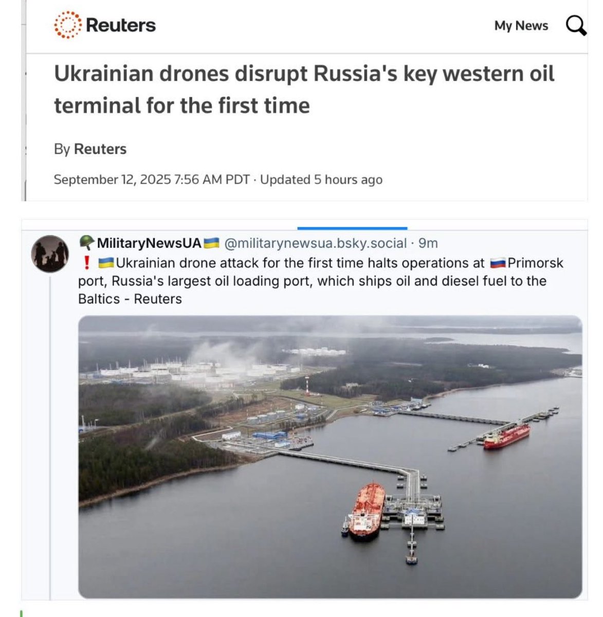 LOrion's tweet photo. @Prune602 They hit two tankers but need to get more. AND PS that port belongs to #FINLAND but #Russia took it after their war. NAME IS #Koivisto 
@Maks_NAFO_FELLA  @KyivIndependent  @KyivPost @Reuters 

https://t.co/ZWOjZ4PVSd https://t.co/R82mpUYwRS