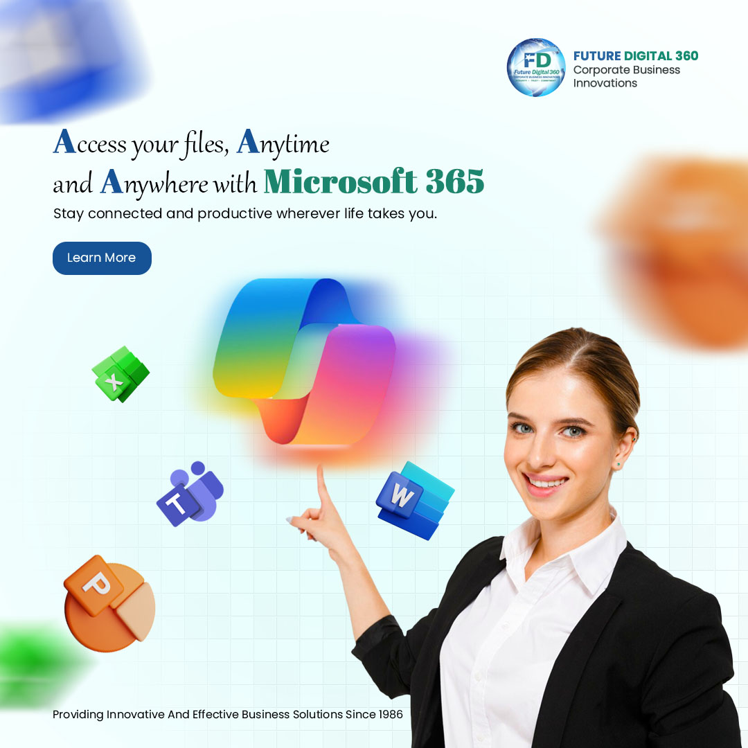 Whether you're in the office or on the go, Microsoft 365 lets 
you access your files from any device.

Contact Us
📞 +1 855 55 FD360
📧 info@futuredigital360.com
Website: futuredigital360.com
#futuredigital360 #webdevelopment #Website #ITCompany #Webservices #emailmigration