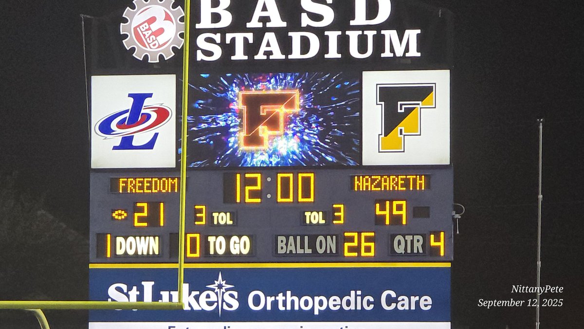 🚨🏈 After 3 quarters of play in Bethlehem....
<a href="/FHSFBBGGC/">Freedom High School Football Bethlehem, PA</a> 21
<a href="/NAHSBlueEagles/">Nazareth Athletics</a> 49

<a href="/PaFootballNews/">Pennsylvania Football News</a>

<a href="/ScipScip/">Ryan Scipio</a> <a href="/BPtashinski/">Brian Ptashinski</a> <a href="/LSVSports/">LSV Sports</a> <a href="/twuench/">Tony Wuench</a>