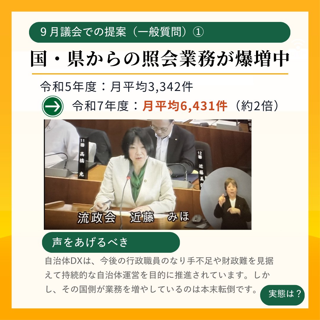 lovehona's tweet photo. ９月議会での一般質問での提案①について報告します。
私自身、他自治体ではありますが、行政業務の効率化について「まず何を削減できそうか」ヒアリングする機会が増えたのですが、どの自治体でも最初に出てくるのが「照会業務が多すぎて困る」という声なので、流山市の実態について、質問しました。各地方議員の皆様、皆様の自治体でも調査されるとよいと思います。地方からしっかり声を届けるための材料を集めましょう。
コメント欄に一般質問でのやり取りを共有します（答弁は現時点での文字起こし概要になります）。
出典をこのノートに記述いただき、ご自由にお使いください。
https://t.co/zaG2frvr0o

（概要）
📩 国・県からの照会業務が爆増中‼️
令和5年度：月平均3,342件
➡️ 令和7年度：月平均6,431件（約2倍😱）
📑 課題
・目的や活用が不明確な照会
・概要がなく分かりにくい通知
・膨大な資料で精査に時間がかかる
⏳ 職員の負担
回答にかかる時間が1日1時間 → 2時間に倍増
⚠️ 回答しないと罰則はないが、補助制度が使えなくなる可能性あり。
💡 改善提案
・国や県は概要を付けるなど簡潔に！
・議員も声をあげ、職員の負担軽減へ。

#自治体DX #流山市議会議員近藤みほ #行政改革 #働き方改革 #自治体運営