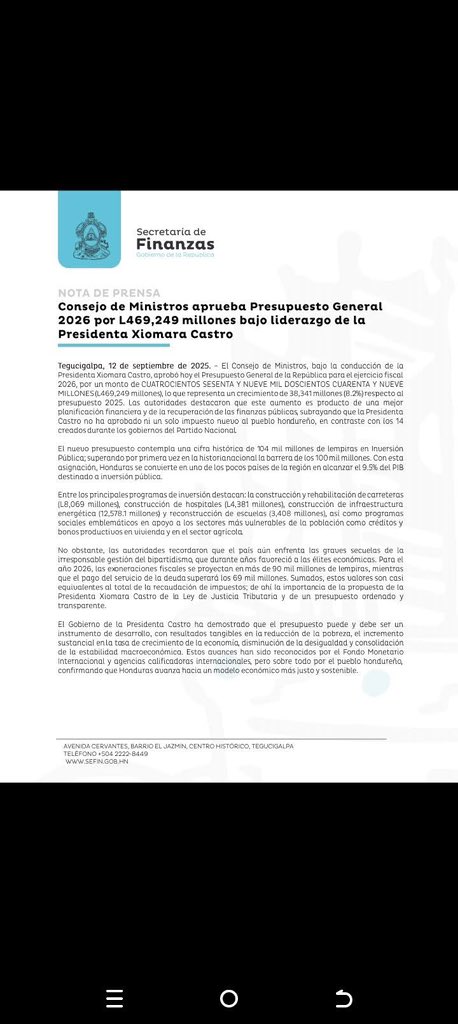 Hoy, hemos aprobado en Consejo de Ministros el   presupuesto general de la república para año 2026 con monto de 469,249 millones de lempiras; 8.2% de crecimiento con respecto al presupuesto del 2025. 

Lps. 12,578 millones para inversión pública en el sector energía en los