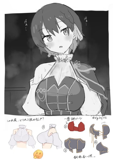 のえっちな奴描こうと思って練習してたけど、この衣装の脱ぎ方が分からん問題に直面して今これ。 内側のシルク?サテン?の部分と赤色の部分がマジで謎 黒い部分は革材を固めてるんかな～...。 かなり蒸れそうだけど大丈夫なんかな～...。 生地を固める硬化剤的なのが(文字数