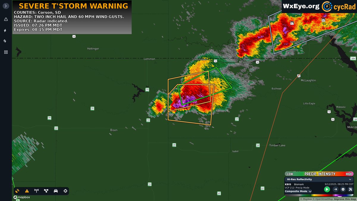 SEVERE T'STORM WARNING: South Dakota! Heads up Corson, SD, this alert was issued 07:26 PM MDT and is in effect for 47 more minutes. Track these storms in cycrad.app!
