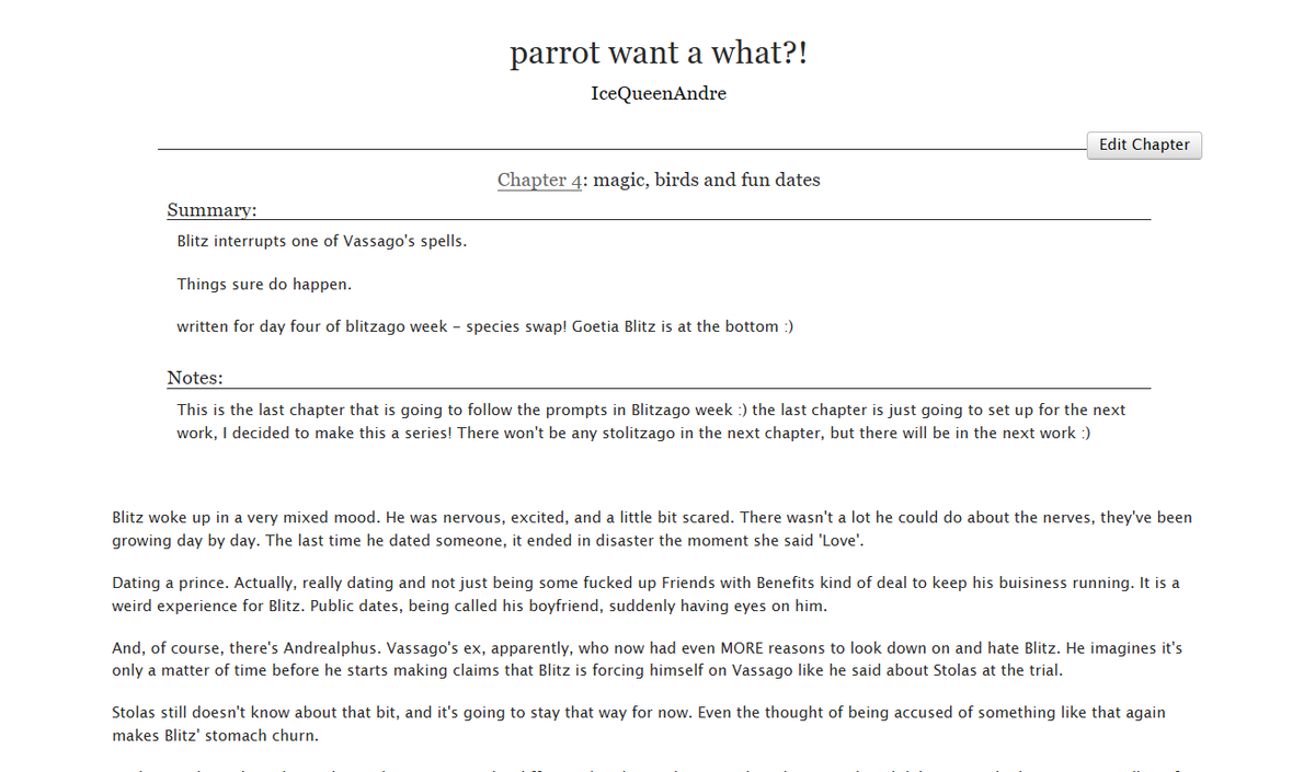 iceQueenAndre's tweet photo. chapter 4 of my Blitzago fic, Parrot want a what?! is up! This was written, late af, for @blitzagoweek day 4 - species swap! let me know what you think
#blitzagoweek #blitzago #HelluvaBoss
https://t.co/3kF1oEwzAg https://t.co/I8KewxxOCi