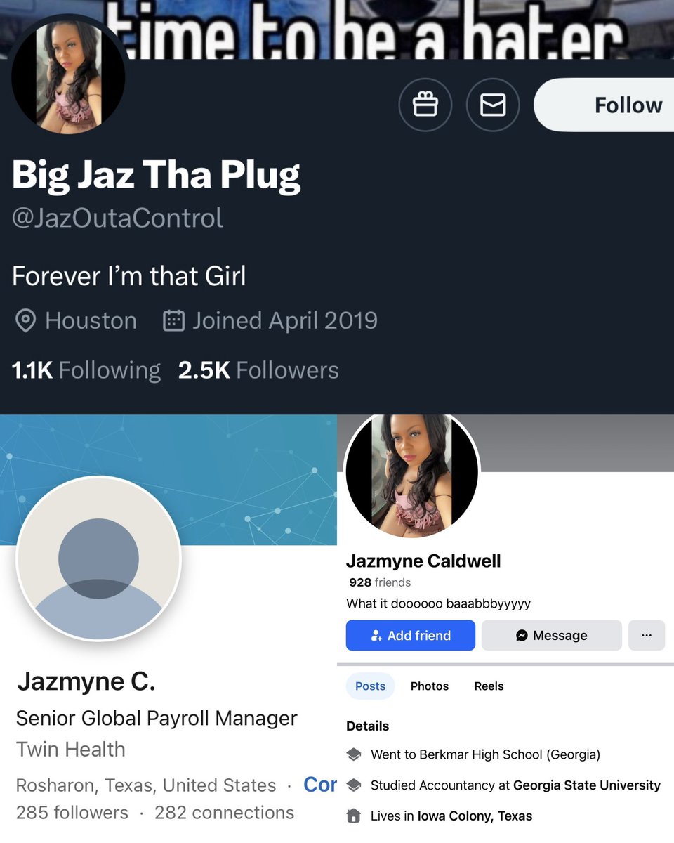 Meet Jazmyne Caldwell of Iowa County, Texas, who is a Senior Global Payroll Manager at Twin Health Medical Group.

Jazmyne operates under the account <a href="/JazOutaControl/">Big Jaz Tha Plug</a> and celebrated Charlie Kirk's in a grotesque manner.

She tweeted to "Rest in Piss b***ch" and asked "who's next."