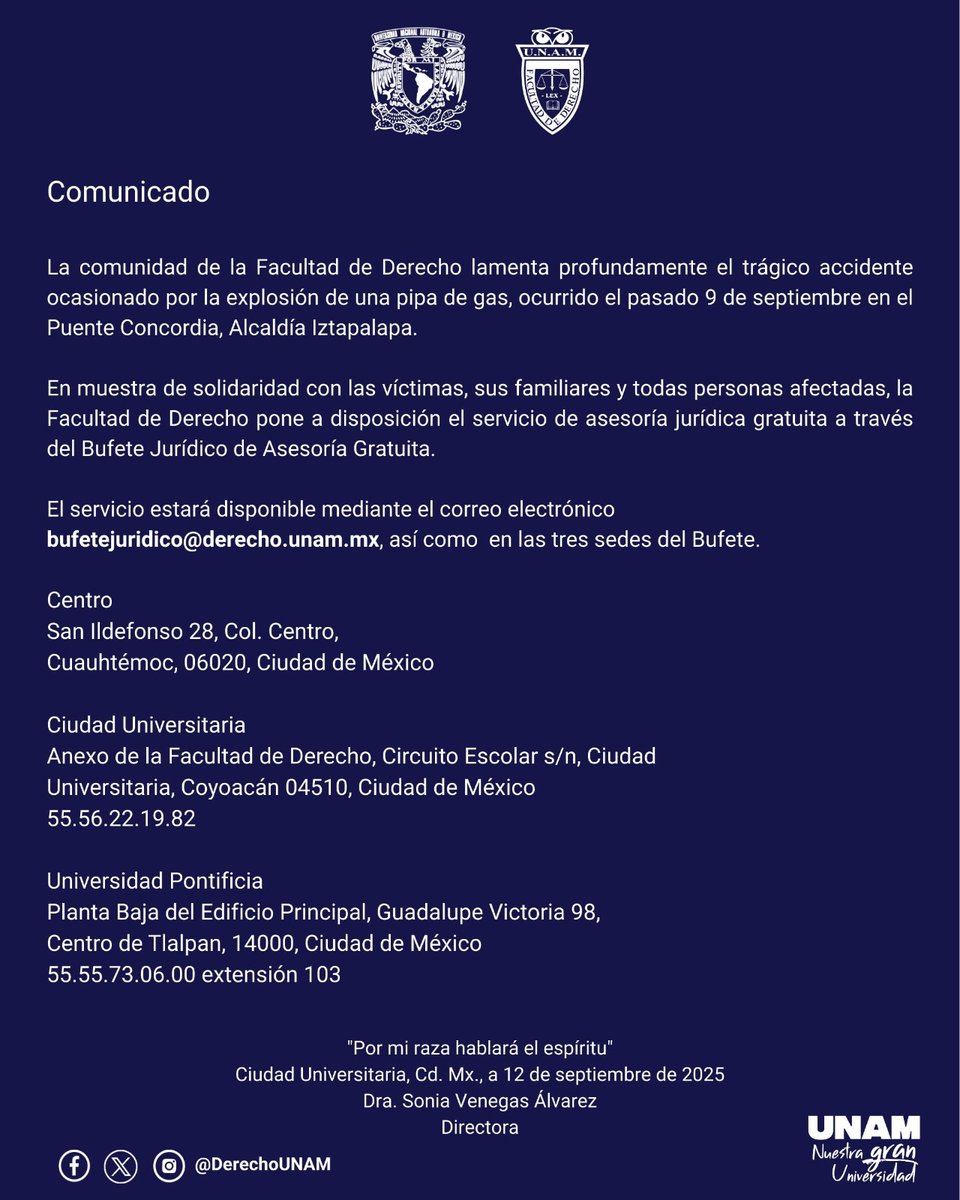 El Bufete jurídico de la Facultad de <a href="/DerechoUNAMmx/">Facultad de Derecho</a> puso a disposición de los afectados por la explosión de una pipa de Gas LP en Iztapalapa y de sus familiares, sus servicios de asesoría gratuita.

Escúchanos aquí: ihr.fm/487SyKD

AS