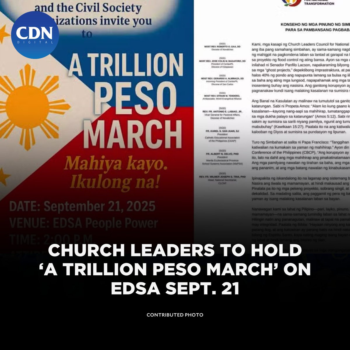 Church leaders will stage a protest along Epifanio de los Santos Avenue  (EDSA) on September 21 to denounce corruption in flood control projects  nationwide. #CDNDigital Read full story here: https://t.co/BT92FGtR8N