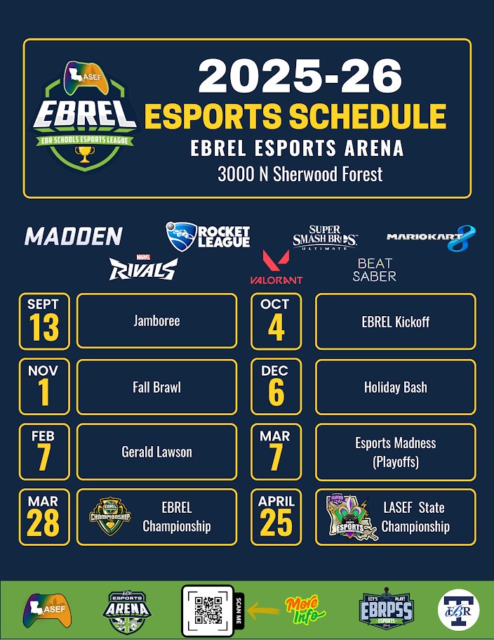 TOMORROW ➜ Esports Jamboree at EBREL Esports Arena (3000 N Sherwood Forest)!
Panthers competing in RL, Smash, Mario Kart, Valorant, Madden &amp; Beat Saber.
Let’s cook. 💜🎮 #PantherEsports #EBREL #PantherNationbaton