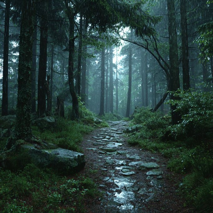 A stone path winding through a dense forest. Tall evergreen trees with dark green foliage line the trail. Green vegetation and moss cover the ground and rocks along the path. The scene is misty, with soft light filtering through the canopy.