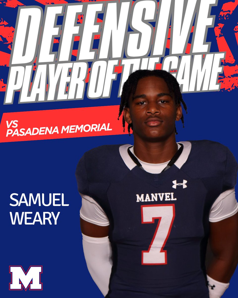 CONGRATULATIONS TO <a href="/Samuelweary11_/">Samuel Weary (Manvel High School)</a> 
for being named defensive player of the game vs Pasadena Memorial.
<a href="/CoachKirkMartin/">Kirk Martin</a>
<a href="/HokaHeyBooster/">Manvel Ath Booster Club 🏈🏐🏀⚾️🥎⚽️⛳🏊‍♂️🏋️🏃‍🏃</a>
<a href="/ManvelHS/">Manvel High School</a>
<a href="/AlvinISDAth/">Alvin ISD Athletics</a>
#BeDifferent #RecruitManvel #Family