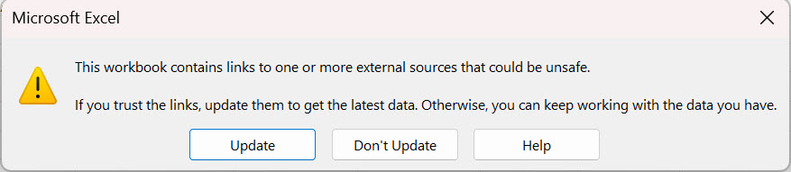 pinaldave's tweet image. ⚠️ Excel says: “This workbook contains links to one or more external sources that could be unsafe. If you trust the links, update them to get the latest data. Otherwise, you can keep working with the data you have.”
💡 Quick Tip: Press Ctrl+F, search [. External links always show…