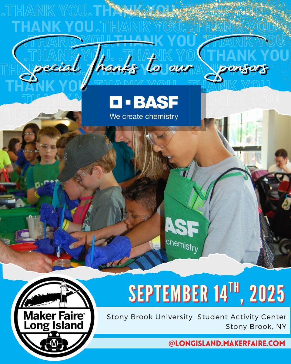 A huge thank you to <a href="/BASFCorporation/">BASF North America</a>
for sponsoring Maker Faire Long Island 2025!
BASF brings hands-on science to life at the Faire w/ fun, interactive workshops for all ages, inspiring the next generation of scientists and innovators. We are proud to have their continued support