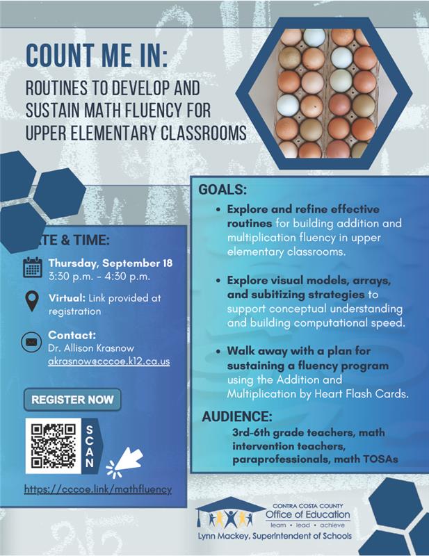 CoCoSchools's tweet image. 📣 Upper Elementary Math Educators! Join &quot;Count Me In&quot; for a virtual PD session on math fluency. 🗓️ Sept 18, 3:30–4:30 PM. 🔗 Register: cccoe.link/mathfluency #CCCOE #MathFluency #ProfessionalDevelopment #ElementaryMath