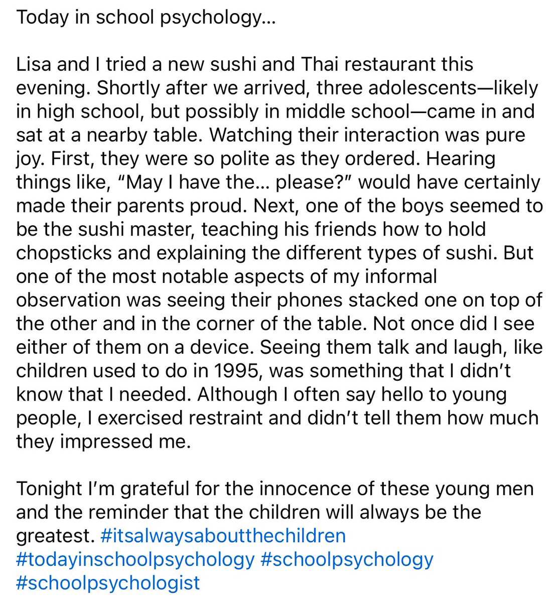 charles barrett (@_charlesbarrett) on Twitter photo Shortly after we arrived, three adolescents—likely in HS, but possibly in MS—came in and sat at a nearby table. Watching their interaction was pure joy.
Tonight I’m grateful for the innocence of these young men and the reminder that the children will always be the greatest. Shortly after we arrived, three adolescents—likely in HS, but possibly in MS—came in and sat at a nearby table. Watching their interaction was pure joy.
Tonight I’m grateful for the innocence of these young men and the reminder that the children will always be the greatest.
