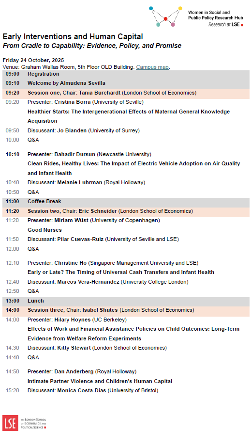📢 Join us at LSE on 24 Oct 2025 for Early Interventions and Human Capital: From Cradle to Capability. 

A full-day workshop on how early-life policies shape health, learning &amp; futures.

Register here: lse.ac.uk/social-policy/…

#econtwitter <a href="/WISPPRH/">Women in Social and Public Policy Research. LSE</a> <a href="/LSESocialPolicy/">LSE Social Policy</a> <a href="/sgSMU/">Singapore Management University</a>