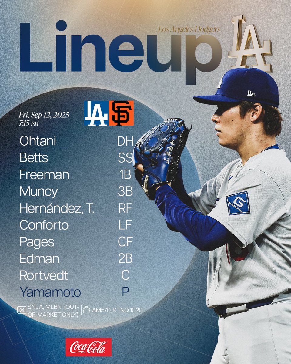 pinky_pooh_56's tweet image. 9/13 (土) am１１:１５～
会場 #OraclePark

ジャイアンツ  🆚  ドジャース
３連戦 Game１

#大谷翔平 １番ＤＨ
#ShoheiOhtani

LAD 先発投手
#山本由伸
#YoshinobuYamamoto #18 右

SF 先発投手
#ジャスティン・バーランダー
#JustinVerlander #35 右

#MLB #凸ぴん
【ﾎｰﾑﾗﾝ速報 @D_E_C_O_Y_】