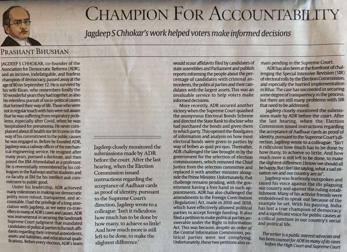 pbhushan1's tweet image. My tribute to late Jagdeep Chhokar ji, co-founder of the Association for Democratic Reforms, &amp;amp; tireless champion of democracy and accountability