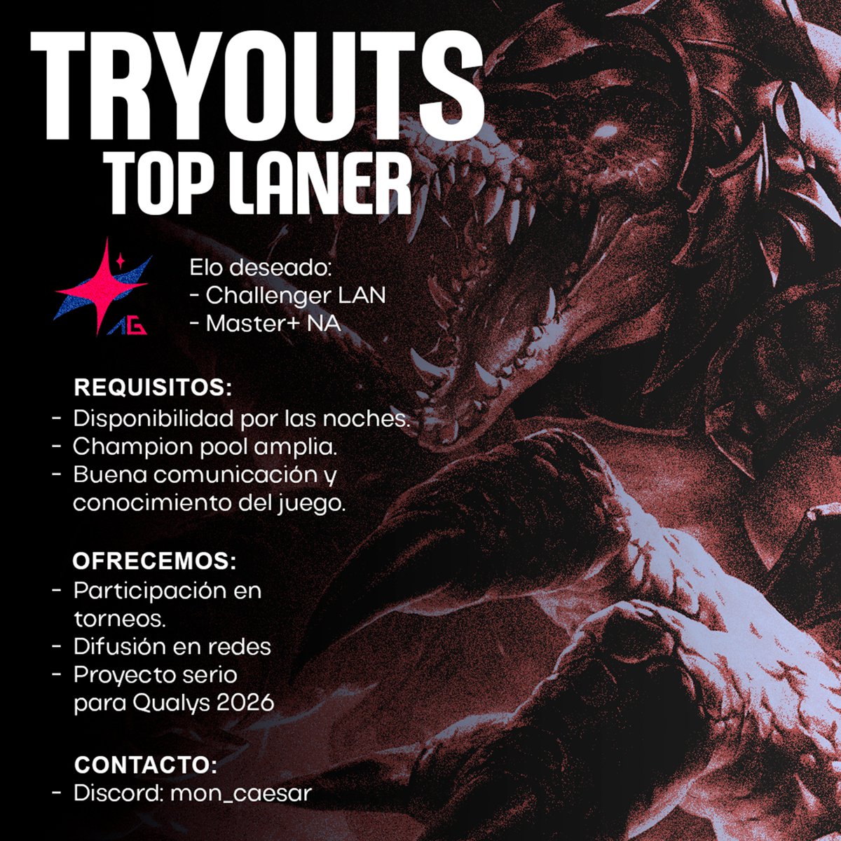 🚨 ¡Buscamos nuevo Top Laner en AG Esports! 🚨
Si eres competitivo, comprometido y con ganas de crecer, esta es tu oportunidad.
📌 Requisitos: Master+ NA ()Desde D2+ aceptamos), pool amplia, disponibilidad nocturna.
👉 Info al DM: mon_caesar (Discord)
#LeagueOfLegends #AGEsports