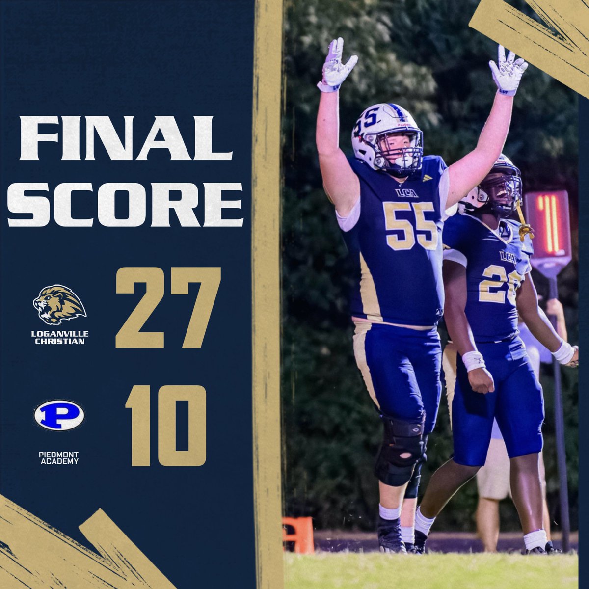 Lions roll past Piedmont 27–10! 

INTs by JR Snell &amp; Ky Fryar, FG block by Ellis Stewart, TDs from Snell (2), Fryar &amp; Tosan Nanna!

Lions move to 4-1 on the season!