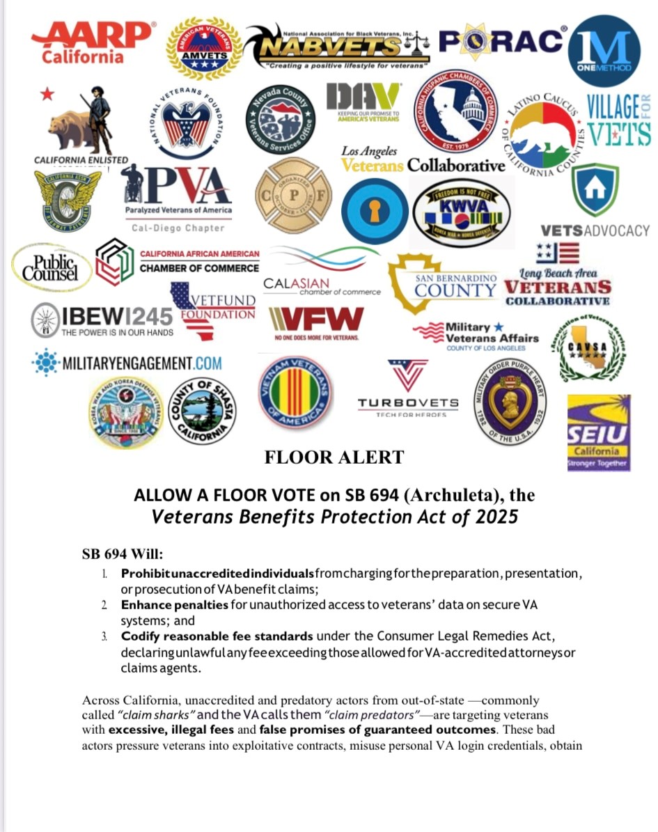 CACountyVets's tweet photo. Claim sharks 🦈are stealing money from disabled veterans. Voting YES  on #SB694 would stop this. 

Join EVERY CA veterans group,  labor, seniors, public safety &amp; business in protecting veterans by Voting Yes on SB 694! @senatorsrp @SenEloiseReyes @SenSusanRubio @Lola_Smallwood https://t.co/d0ElijXTGv