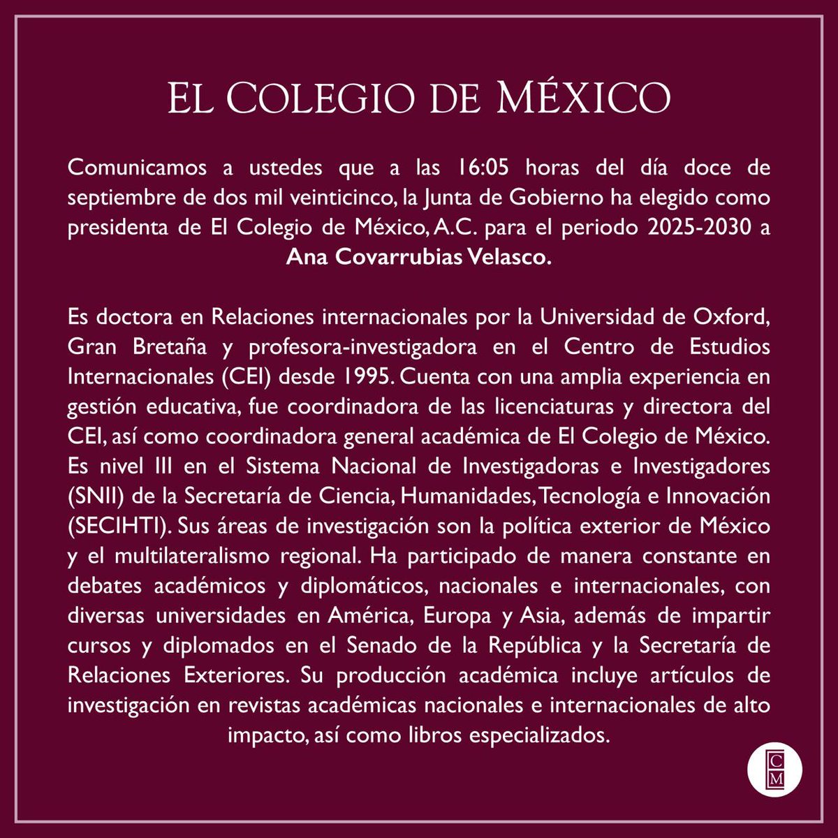 CIDE DEI (@cide_dei) on Twitter photo Felicitamos a la Doctora Ana Covarrubias por su nombramiento como Presidenta de El Colegio de México, 2025-2030. Desde la DEI le deseamos el mayor éxito en su gestión. Felicitamos a la Doctora Ana Covarrubias por su nombramiento como Presidenta de El Colegio de México, 2025-2030. Desde la DEI le deseamos el mayor éxito en su gestión.