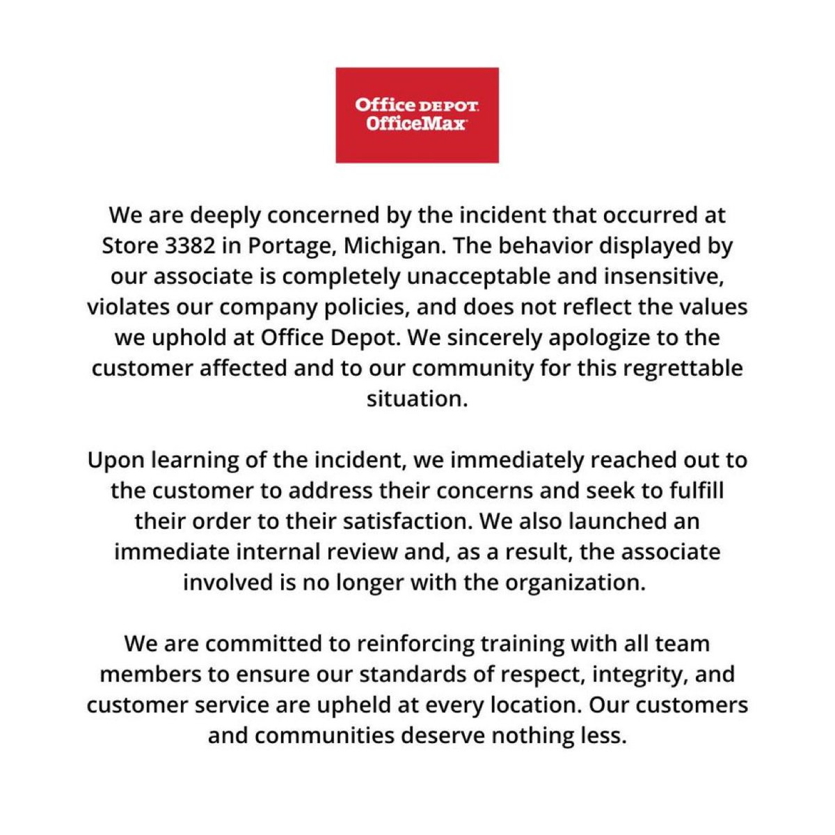 ViralVideos's tweet image. BREAKING- The manager at the Portage, Michigan, Office Depot who refused to fill a customers order for a poster that they were going to take to a Charlie Kirk vigil, citing it as ‘propaganda’ was just terminated by Office Depot, effective immediately.