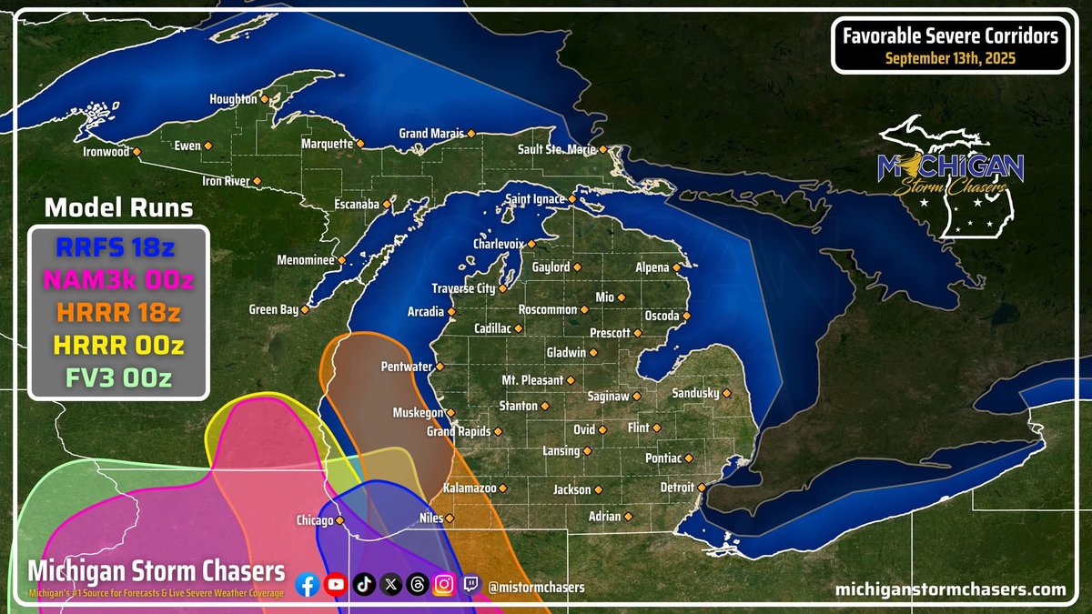 If you missed the briefing regarding severe weather for Saturday, September 13th, 2025, here is a little bit of a model summary as it stands here as of 10:30 pm EDT Friday night. We picked five different model runs, depicted their favorable corridors for severe weather, and