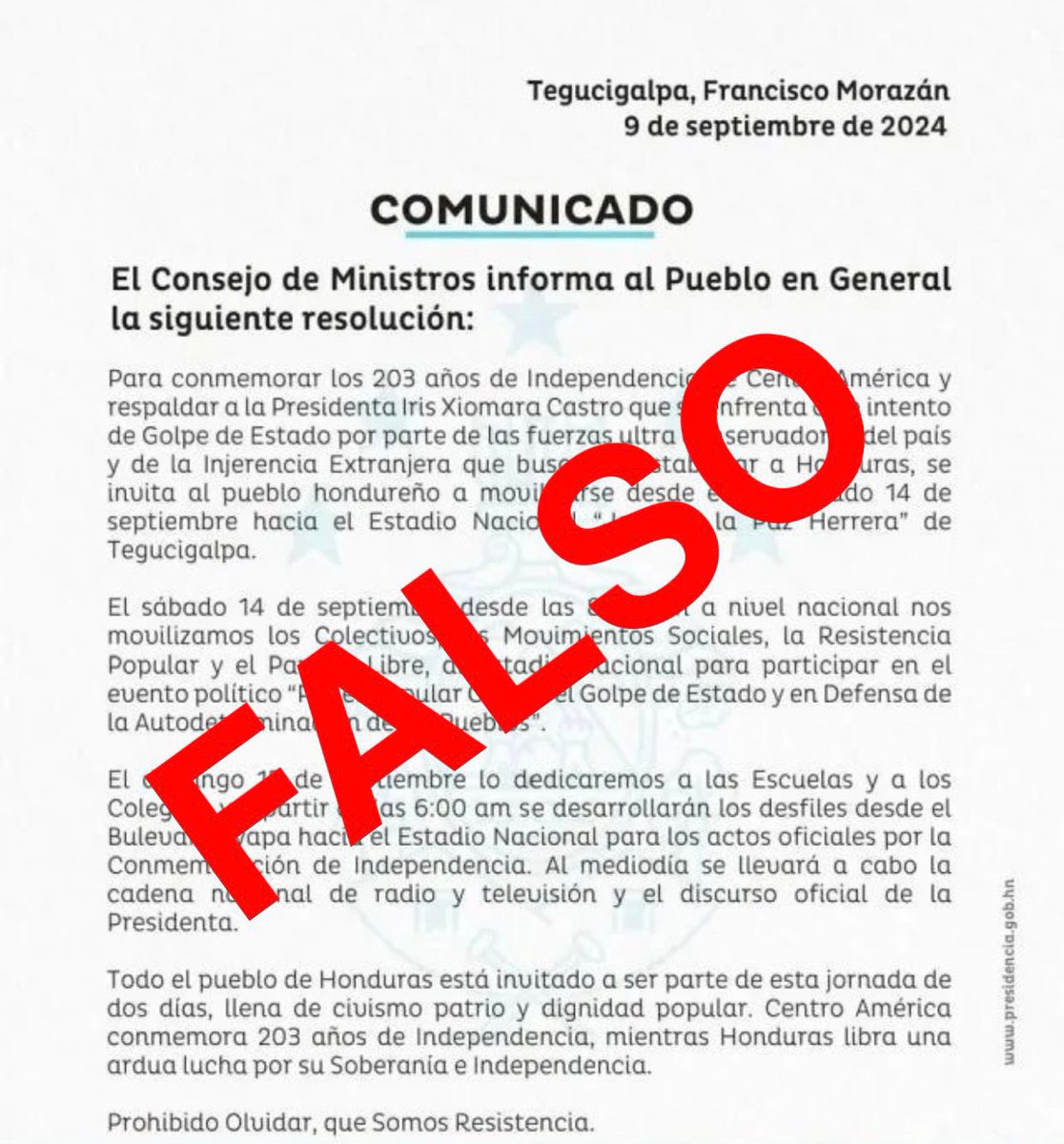 🚫 Desde la Secretaría de Prensa desmentimos este comunicado que circula en redes sociales y medios de comunicación. 

Invitamos a la ciudadanía a verificar siempre la información en las fuentes oficiales de gobierno para evitar la desinformación.