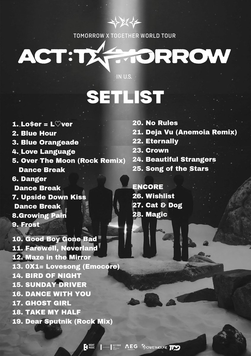 .<a href="/TXT_members/">TOMORROW X TOGETHER</a> World Tour "ACT: TOMORROW" in USA SETLIST for BMO Stadium (Los Angeles).