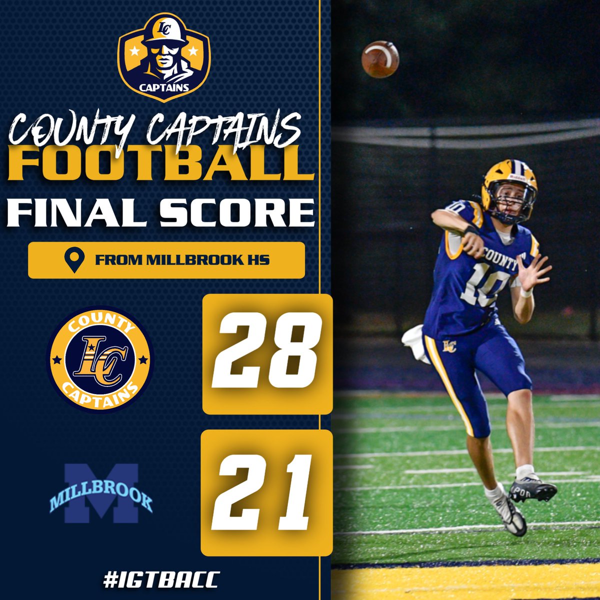 Congratulations to the Captains Football Team who went on the road to Millbrook HS and came home with a 28-21 win over the Pioneers! 

Way to go Captains! #IGTBACC <a href="/LoudounCountyFB/">Loudoun County Football</a> 

Photo Credit: jklimphotos