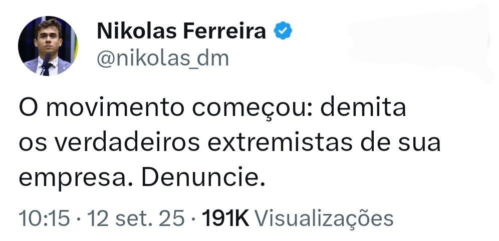 ATENÇÃO!!! Nikolas, cujo primo é do PCC  e que ajudou traficantes a lavar dinheiro com a fakenews do pix, tá pregando RADICALIZAÇÃO E VIOLÊNCIA, agora está chamando TODA a esquerda de "extremista", defendendo nazistas, e mandando DEMITIR quem for de esquerda.

PF JÁ PODE
