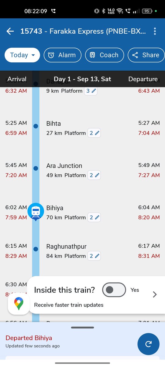 arvindgpb95's tweet photo. @IndianRailMedia @RailMinIndia @RailwaySeva @AshwiniVaishnaw 
Train number 15743 Frakka express 
अपने निर्धारित समय से काफी देरी से चल रही हैं। आज @BPSCOffice का परीक्षा हैं। इसमें सैकड़ों के संख्या में परीक्षार्थी बैठे हैं। जो काफी परेशान हैं। कृप्या मदद करे। https://t.co/dagmcfal3E