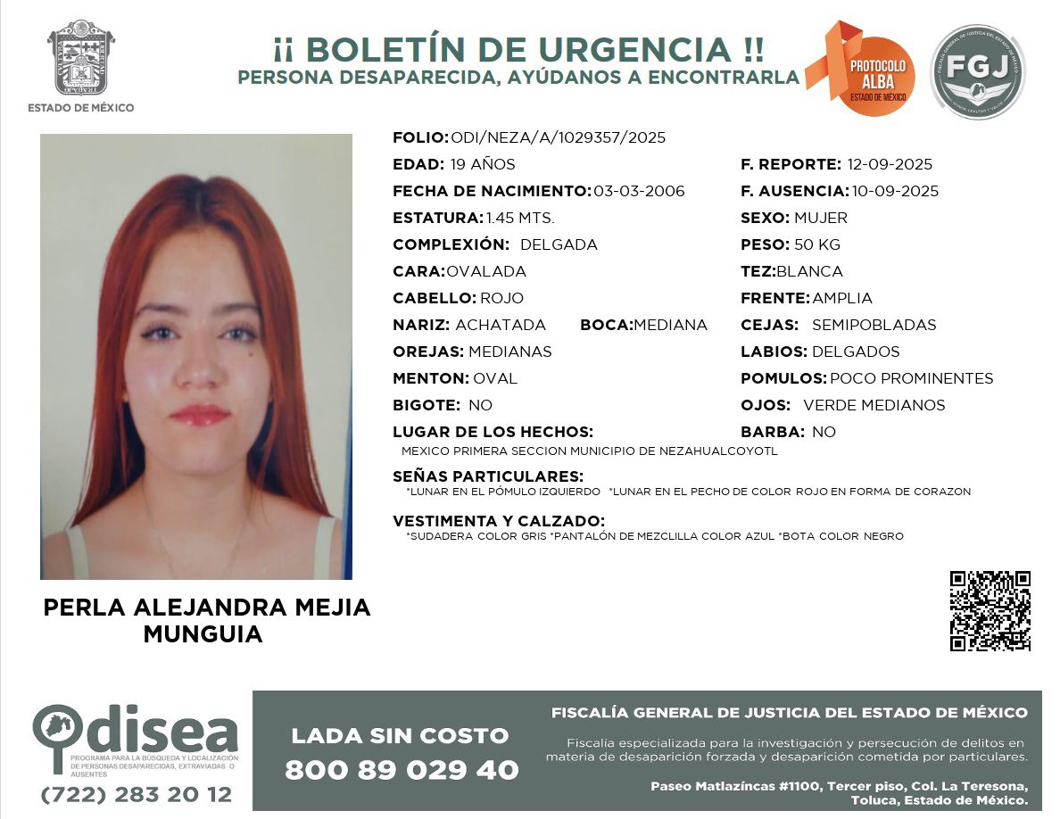 🚨 Ayuda a que PERLA ALEJANDRA MEJIA MUNGUIA regrese a casa.

Fue vista por última vez en la colonia México Primera Sección, Municipio de #Nezahualcóyotl.

📲 Cualquier información que pueda ayudar a su localización llamar al siguiente número: 800 89 029 40.