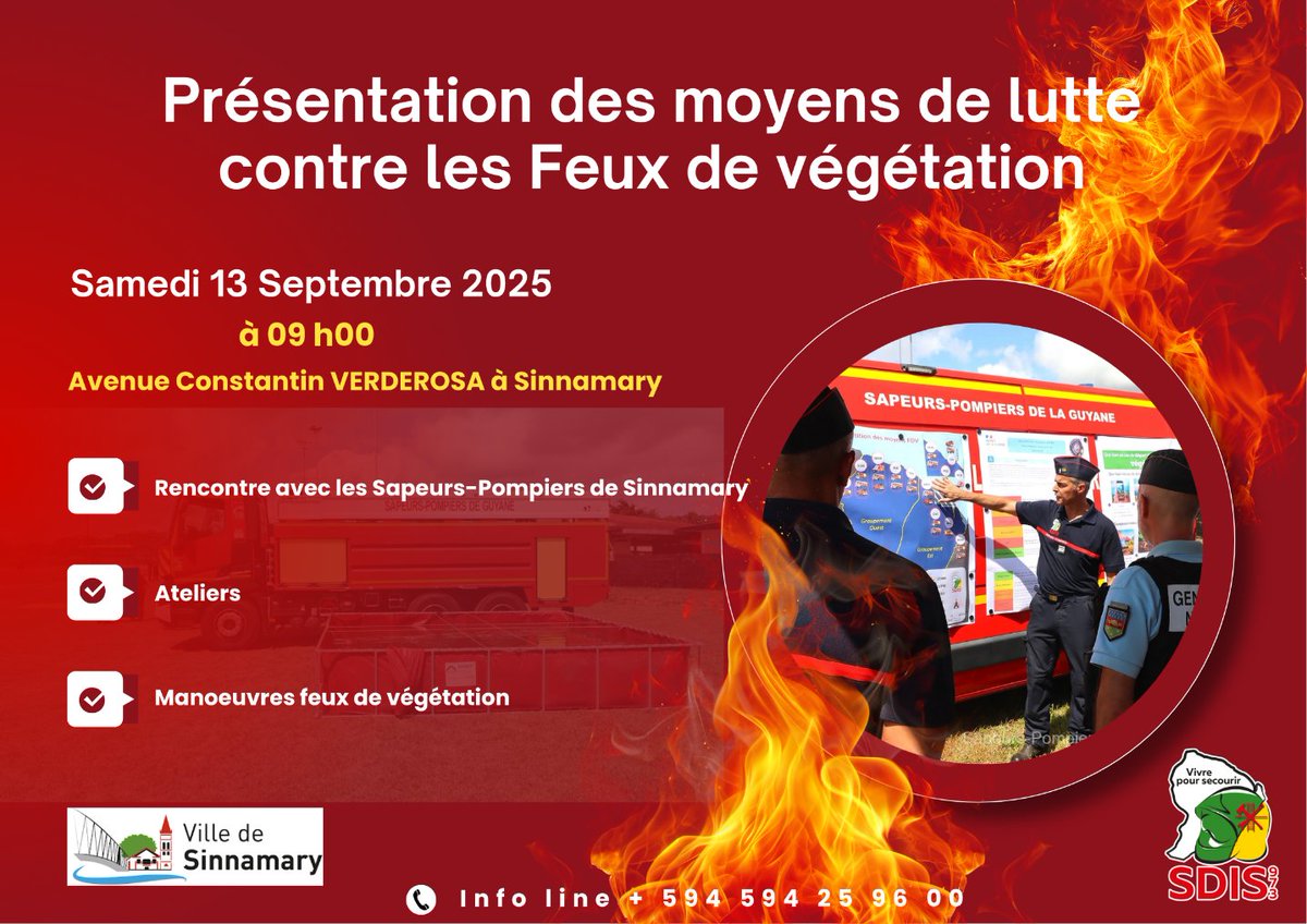 📷 Sinnamary se mobilise contre les feux de végétation ! 📷
Ce samedi 13 septembre 2025 

#SDIS973 #FeuxDeVégétation #Sinnamary #PréventionIncendie #PompiersDeGuyane #SécuritéCivile #meteofrance